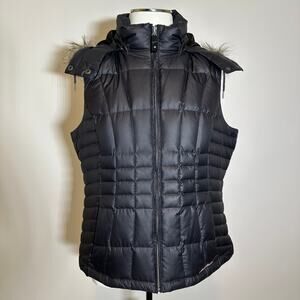 Eddie Bauer Black Faux Fur Trim Hood Goose Down Puffer Vest Womens Size Large L